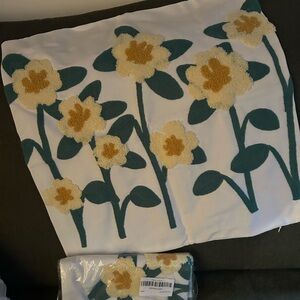 Set of 2 Cream Floral Tufted Pillow Covers with Green Leaves- brand new!